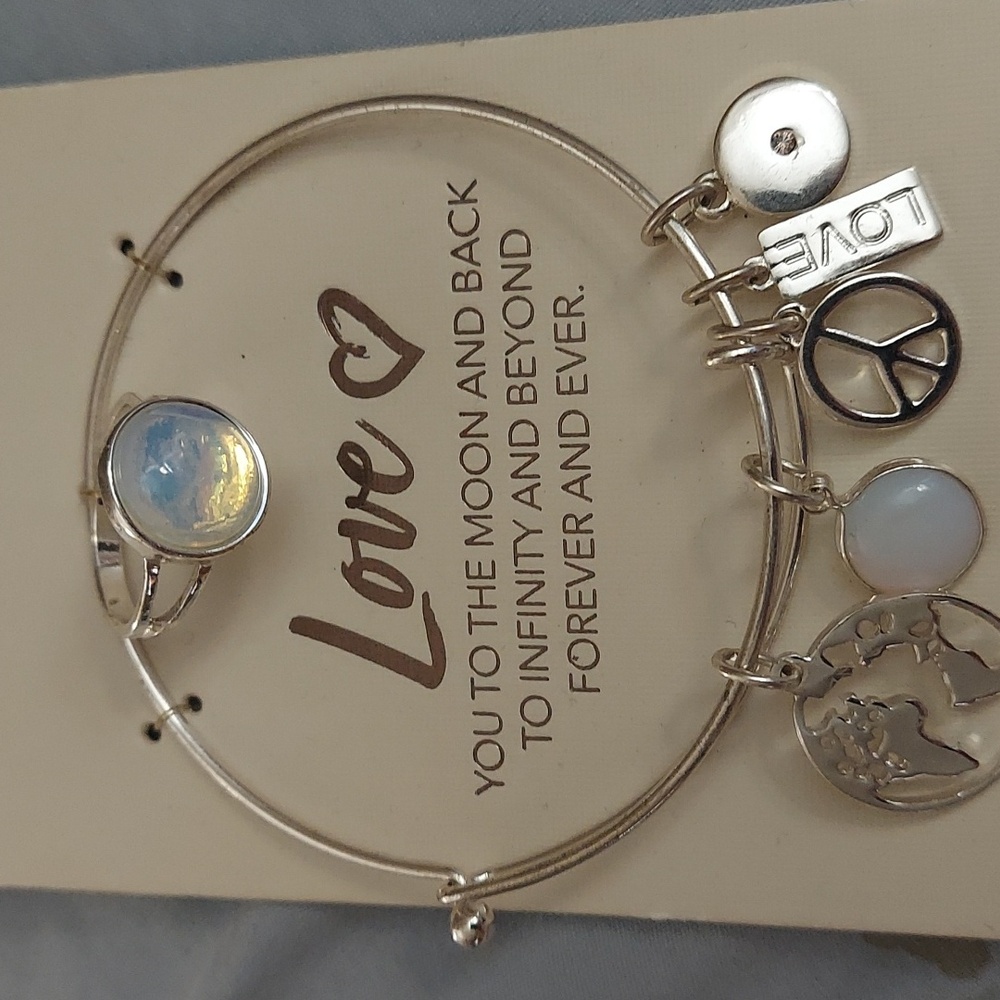 LOVE multi charm dangle silver Bangle Bracelet w Moonstone Ring Sz 9